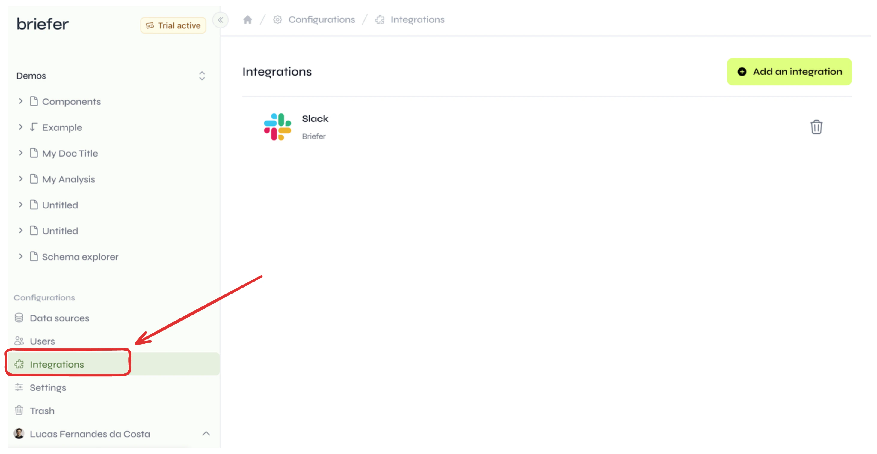 Opening the integrations page