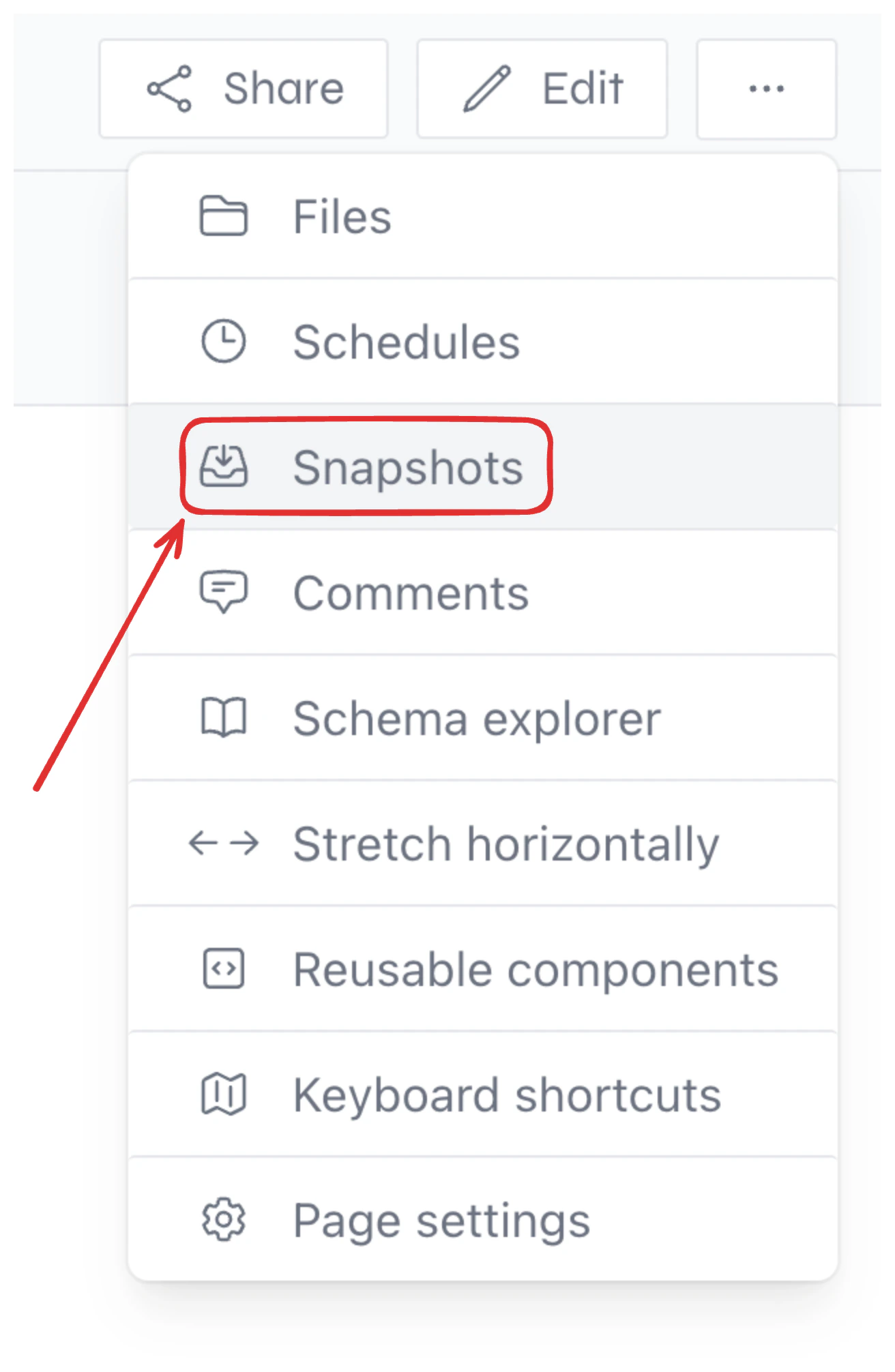 Opening the snapshots panel