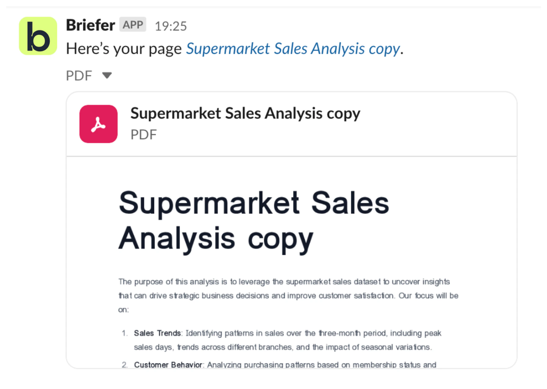 Example of a Slack message with a page snapshot