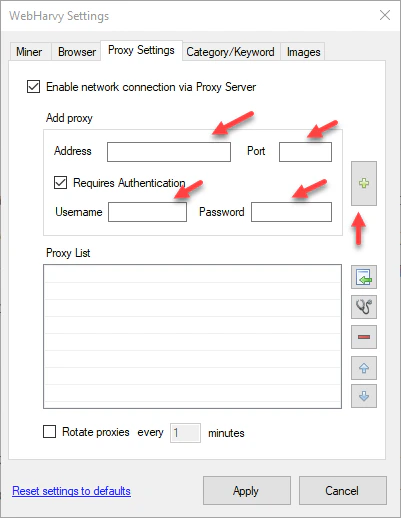 WebHarvy proxy settings configuration screen.