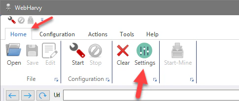 WebHarvy toolbar with home and settings options.