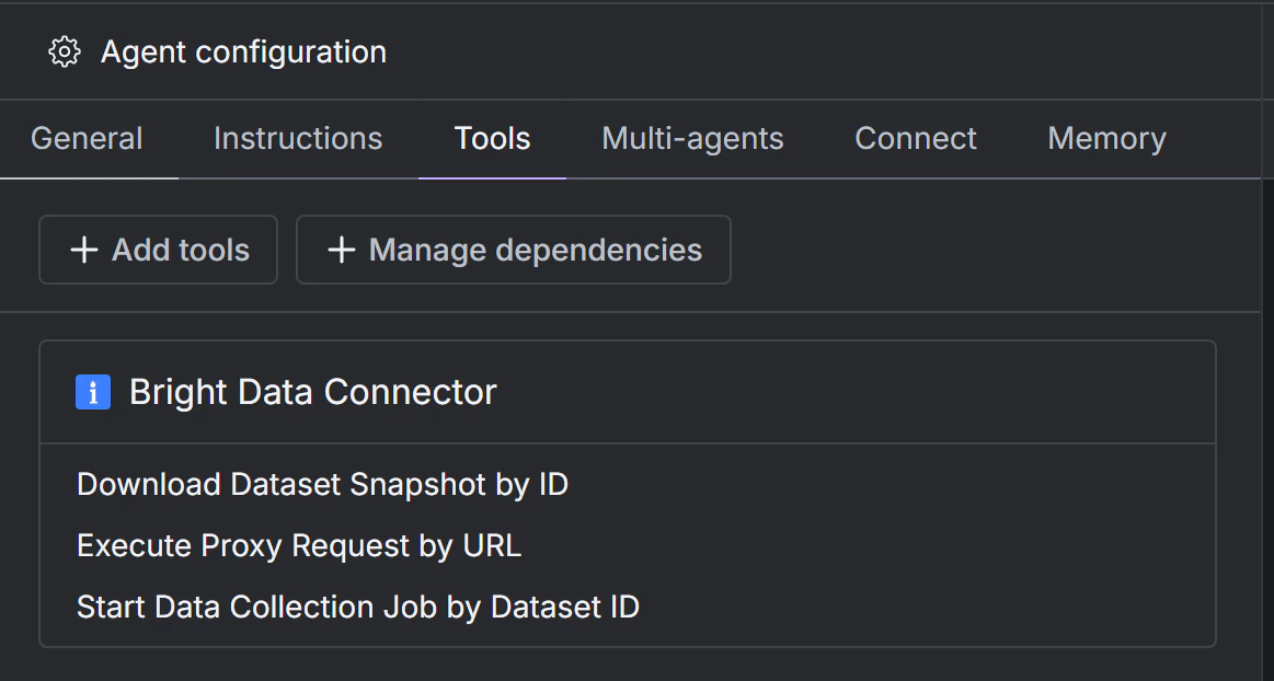 Note the configured Bright Data tools