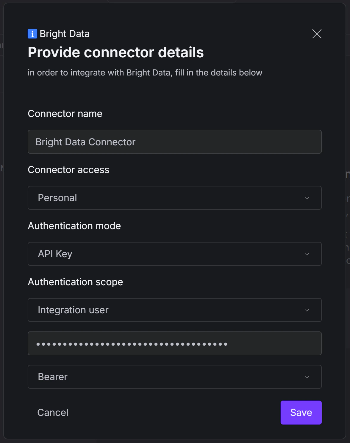Filling out the Bright Data connector configuration form