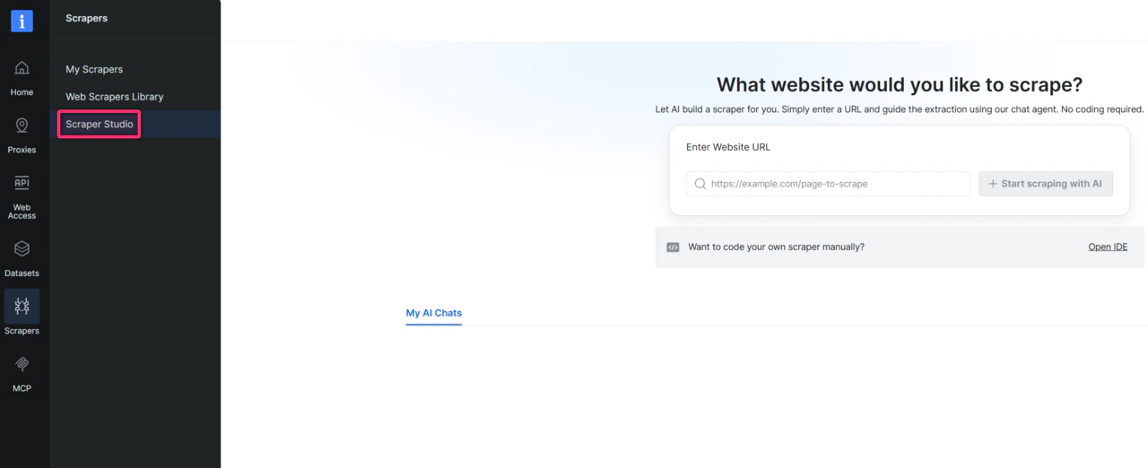 Navigate to Scraper Studio page