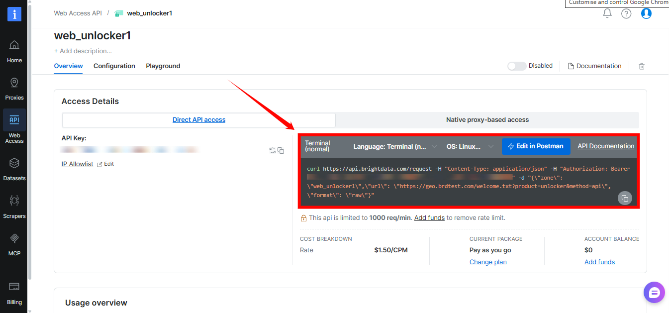 Web Unlocker API Overview tab