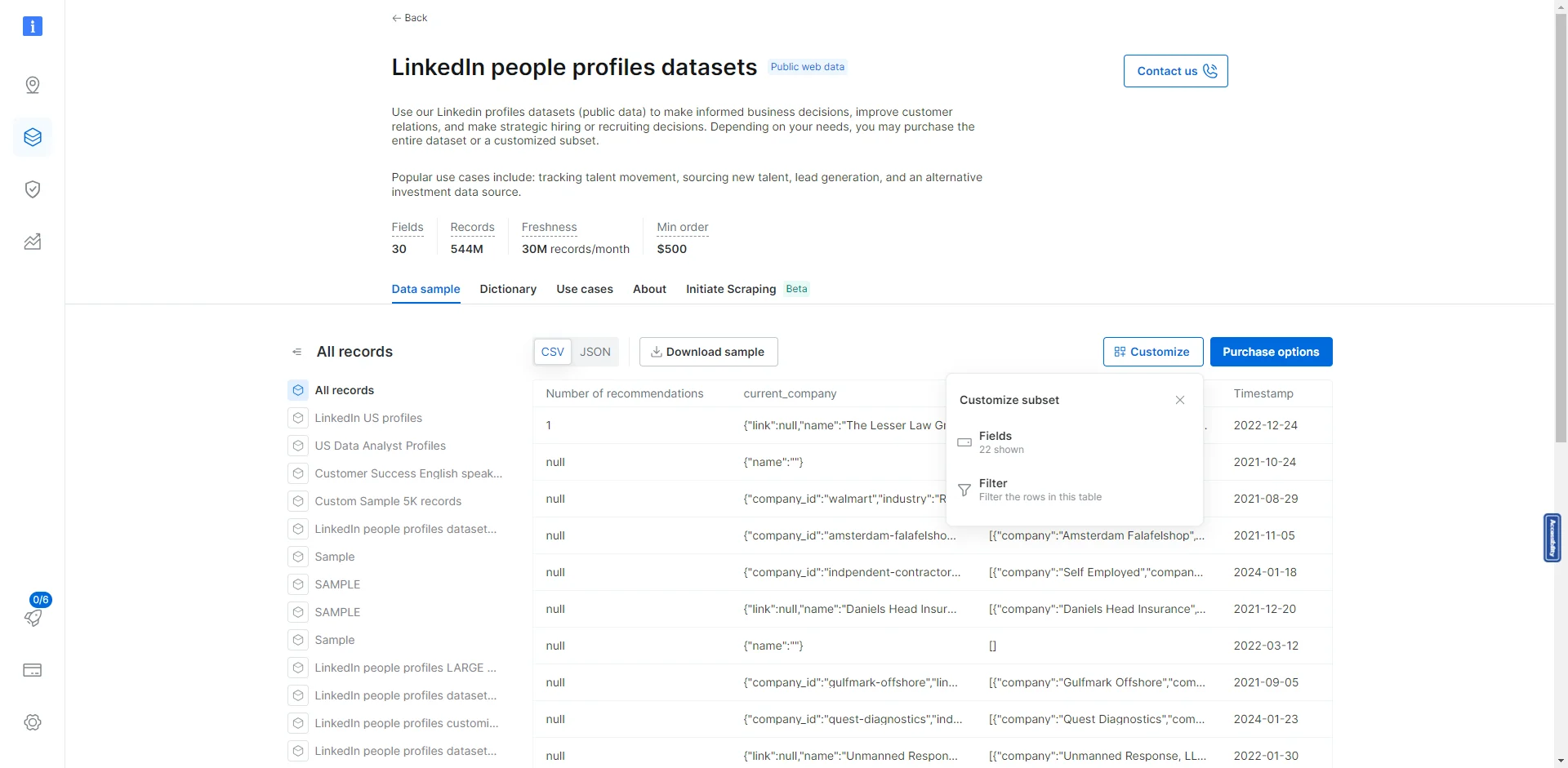 Dataset preview table with the filter icon and fields control highlighted