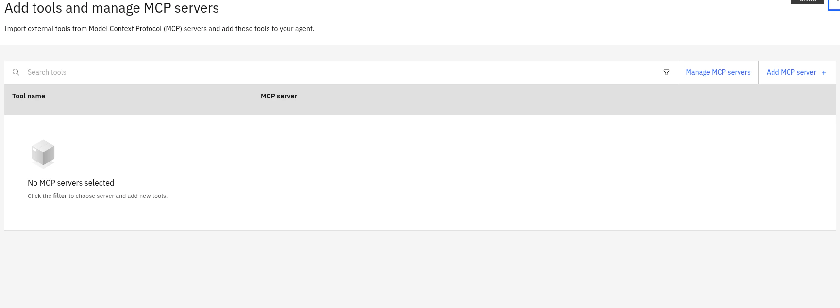 Add MCP server button in IBM watsonx Orchestrate