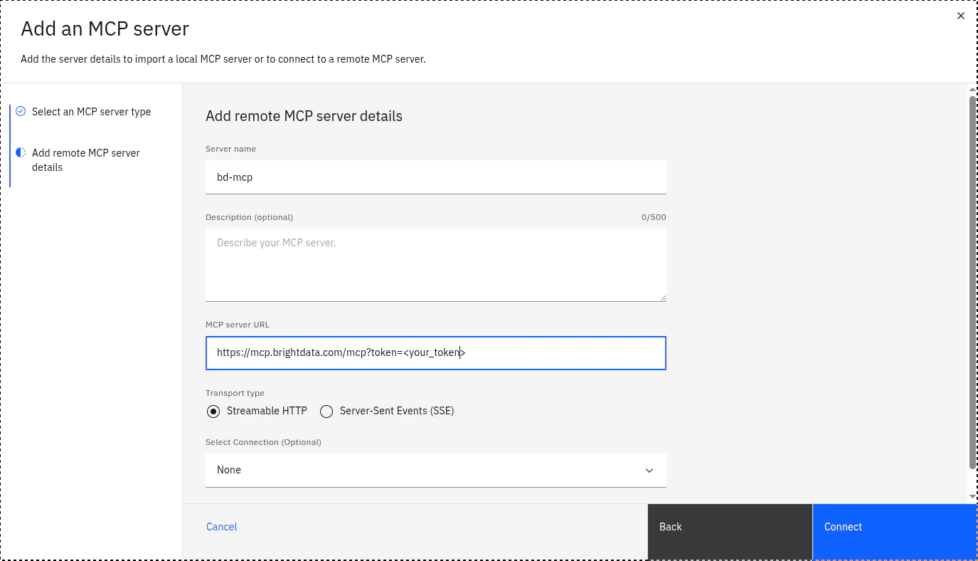 Bright Data MCP server connection details in IBM watsonx Orchestrate