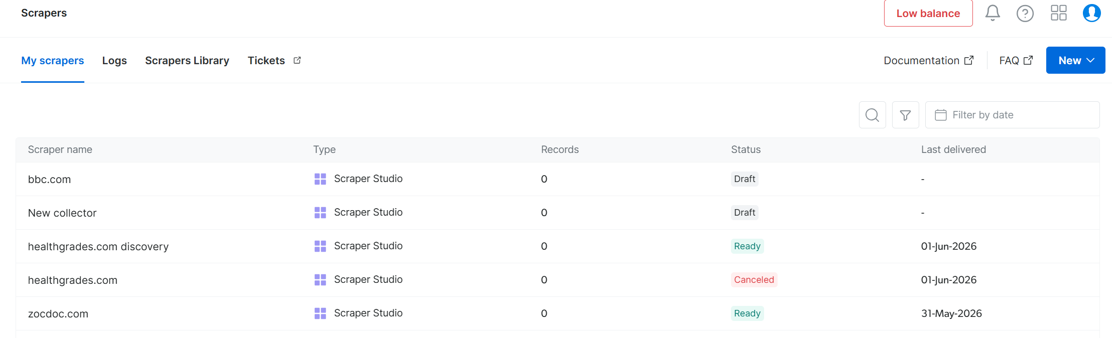 My Scrapers dashboard showing saved scrapers