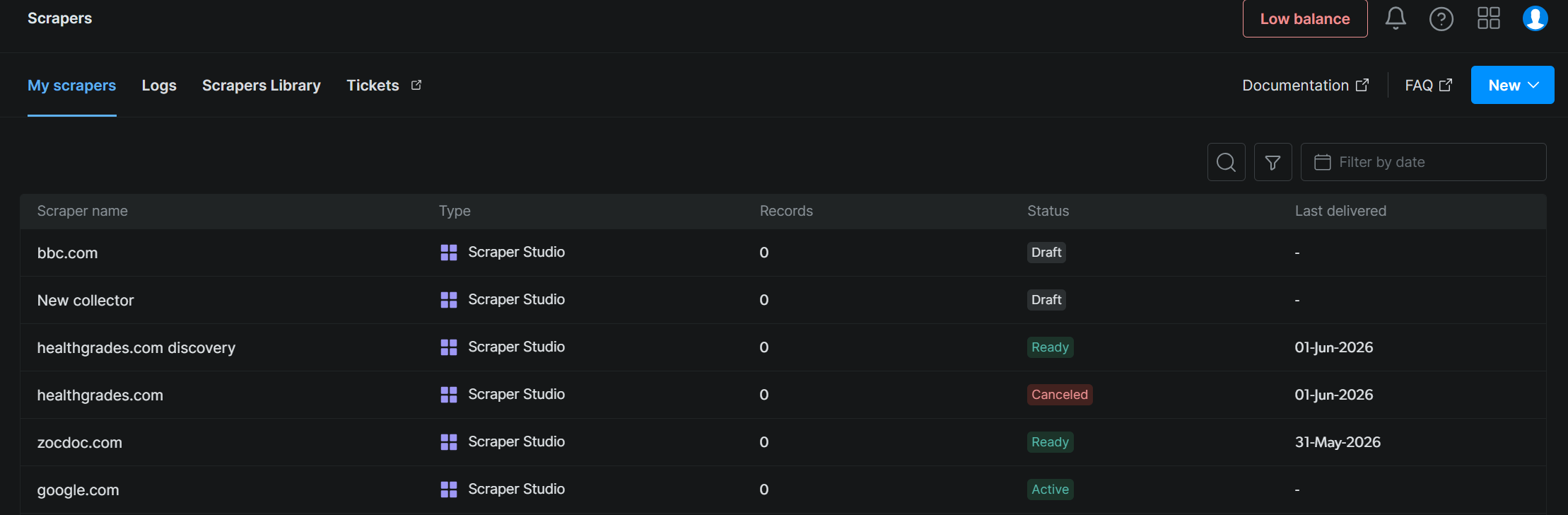 My Scrapers dashboard showing saved scrapers