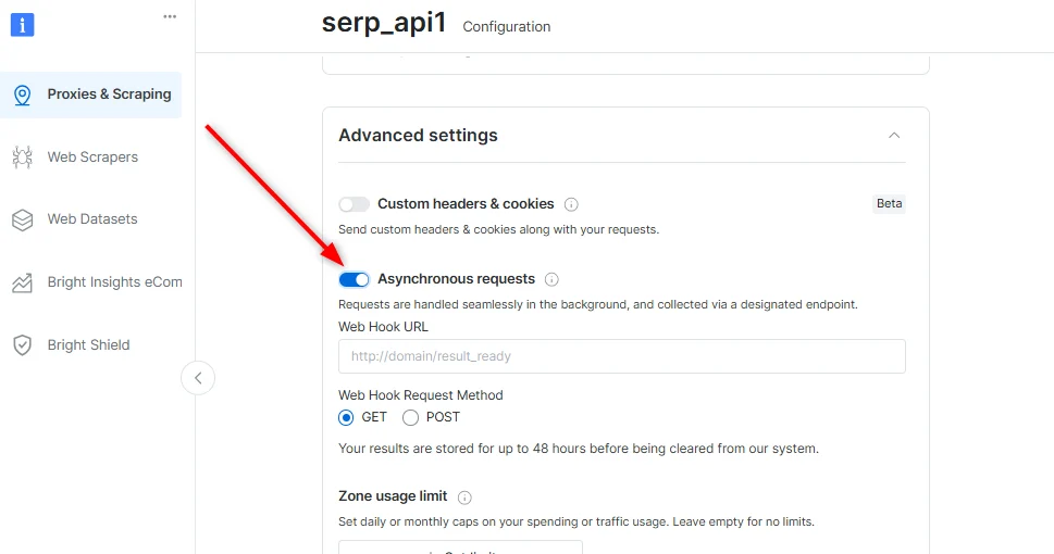 Asynchronous requests toggle in the zone advanced settings