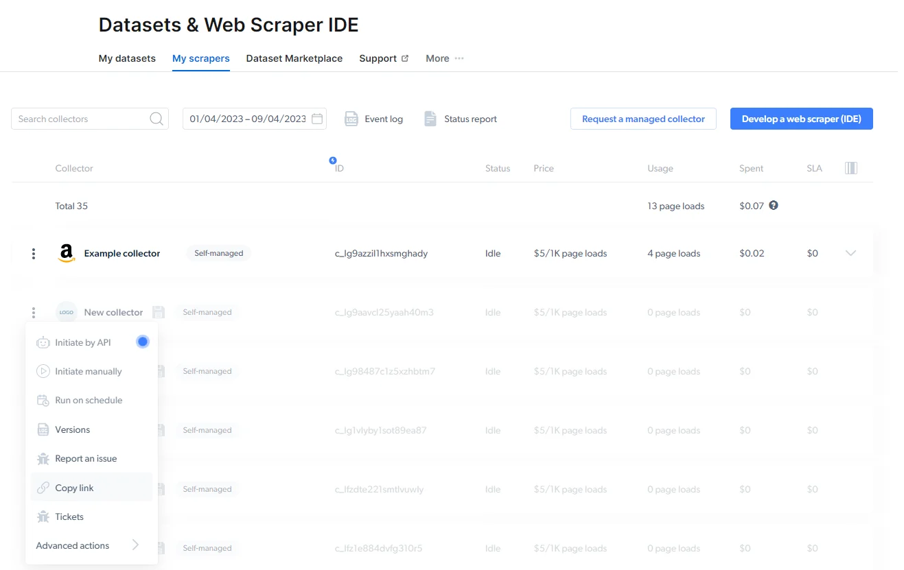 My Scrapers dashboard showing saved scrapers