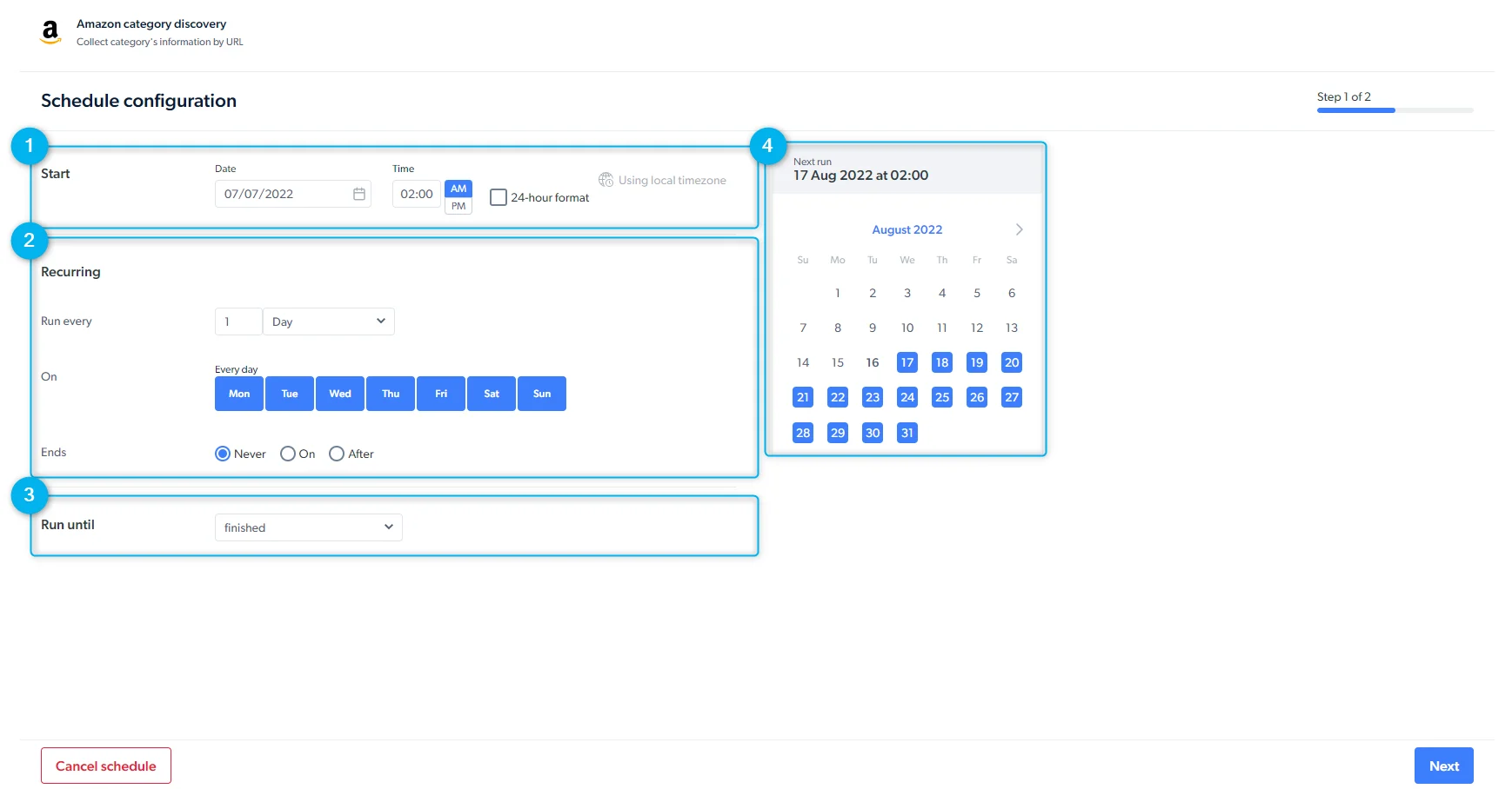 Schedule configuration screen