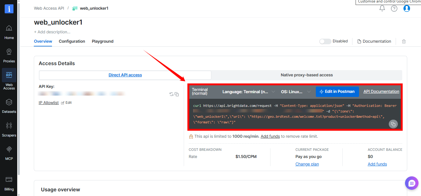 Web Unlocker API Overview tab