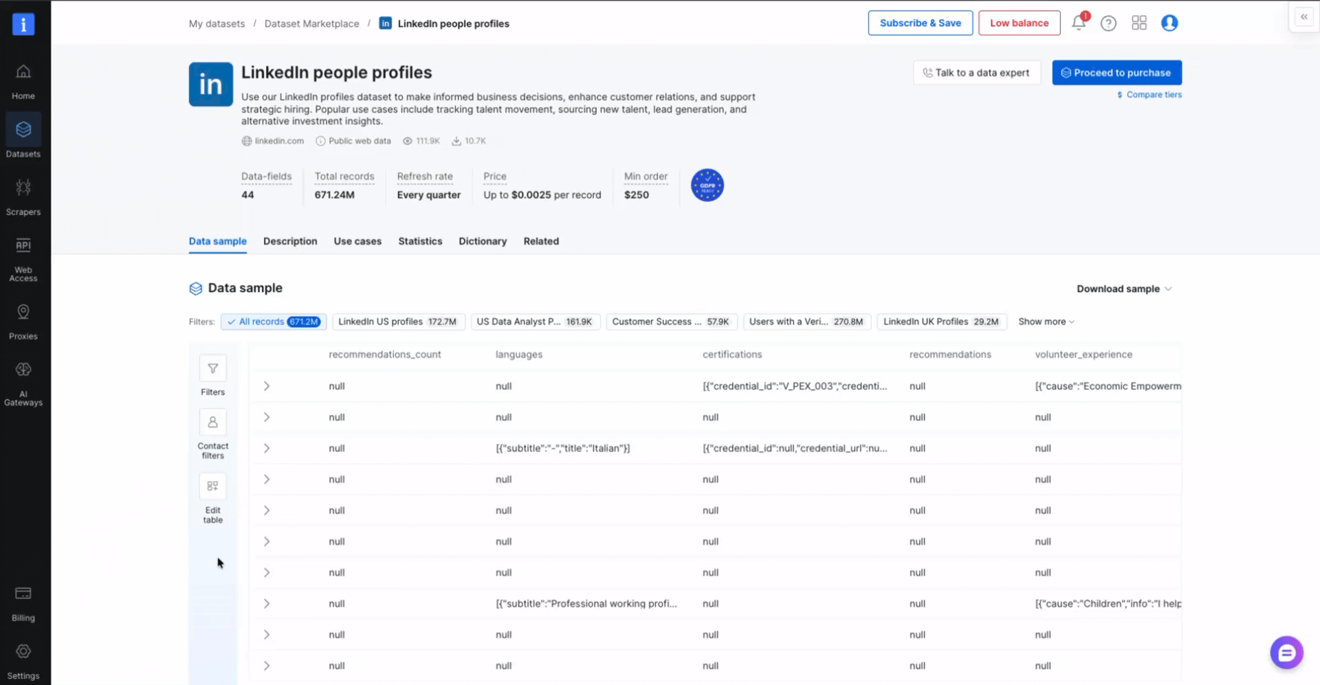 Fields selector open, showing available fields with selected fields checked