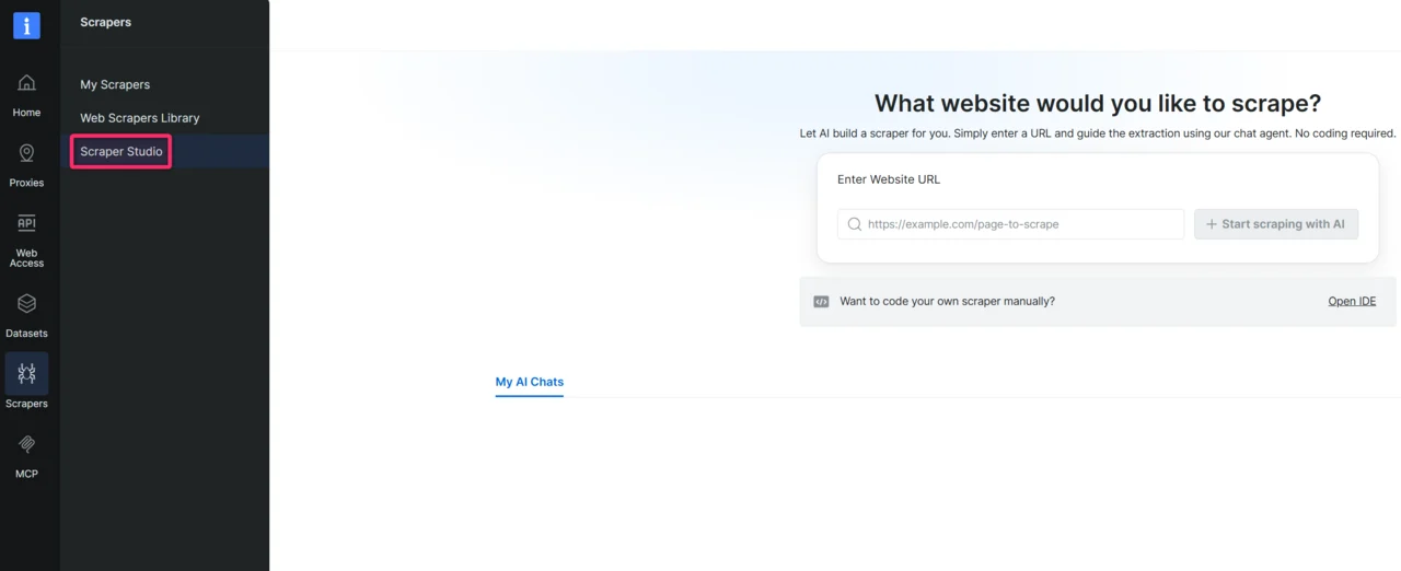 Navigate to the Scraper Studio page