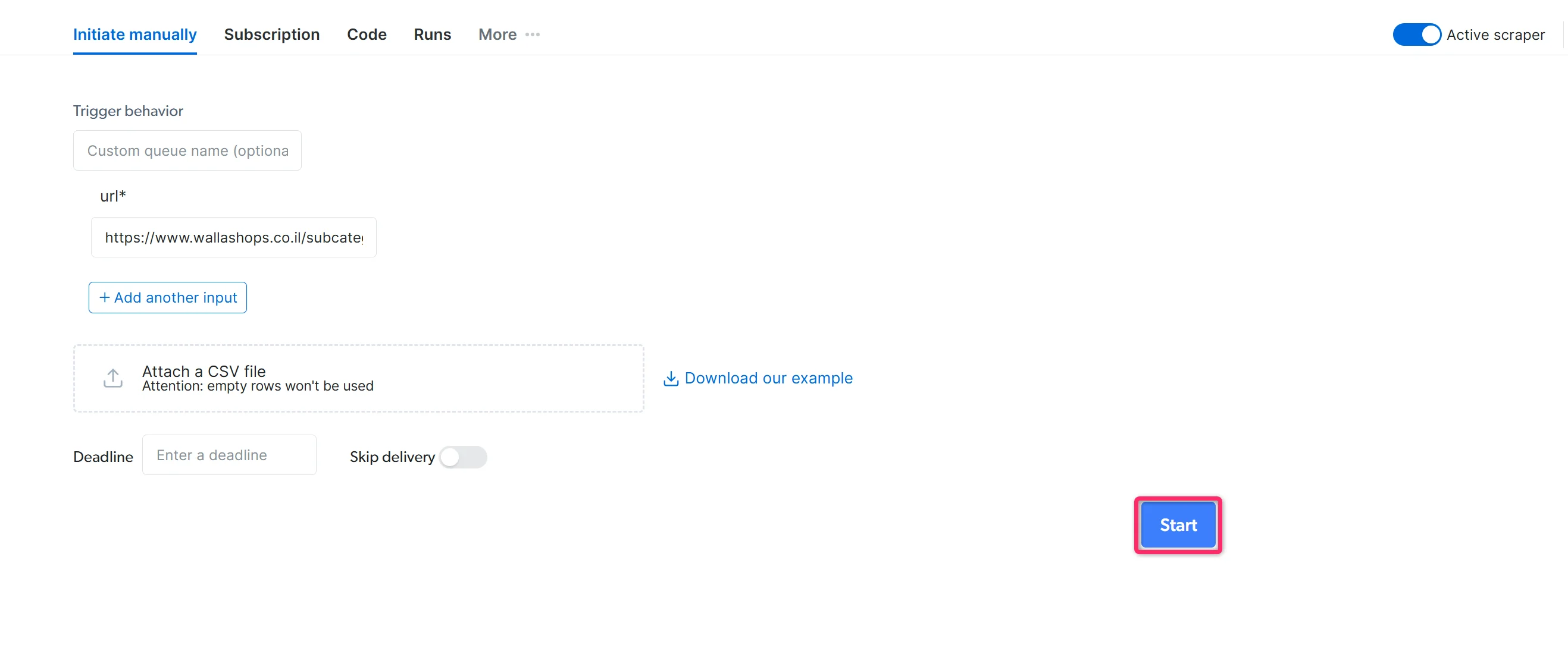 Start button on the Initiate Manually page