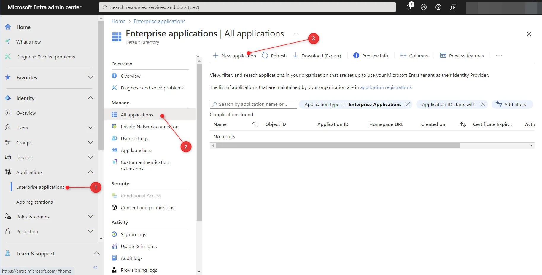 Microsoft Entra admin center with the Create Enterprise application button