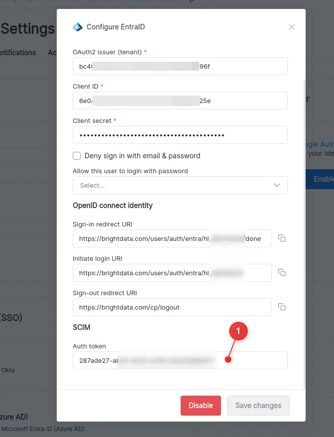 Bright Data Entra ID SCIM section showing the Auth token to copy