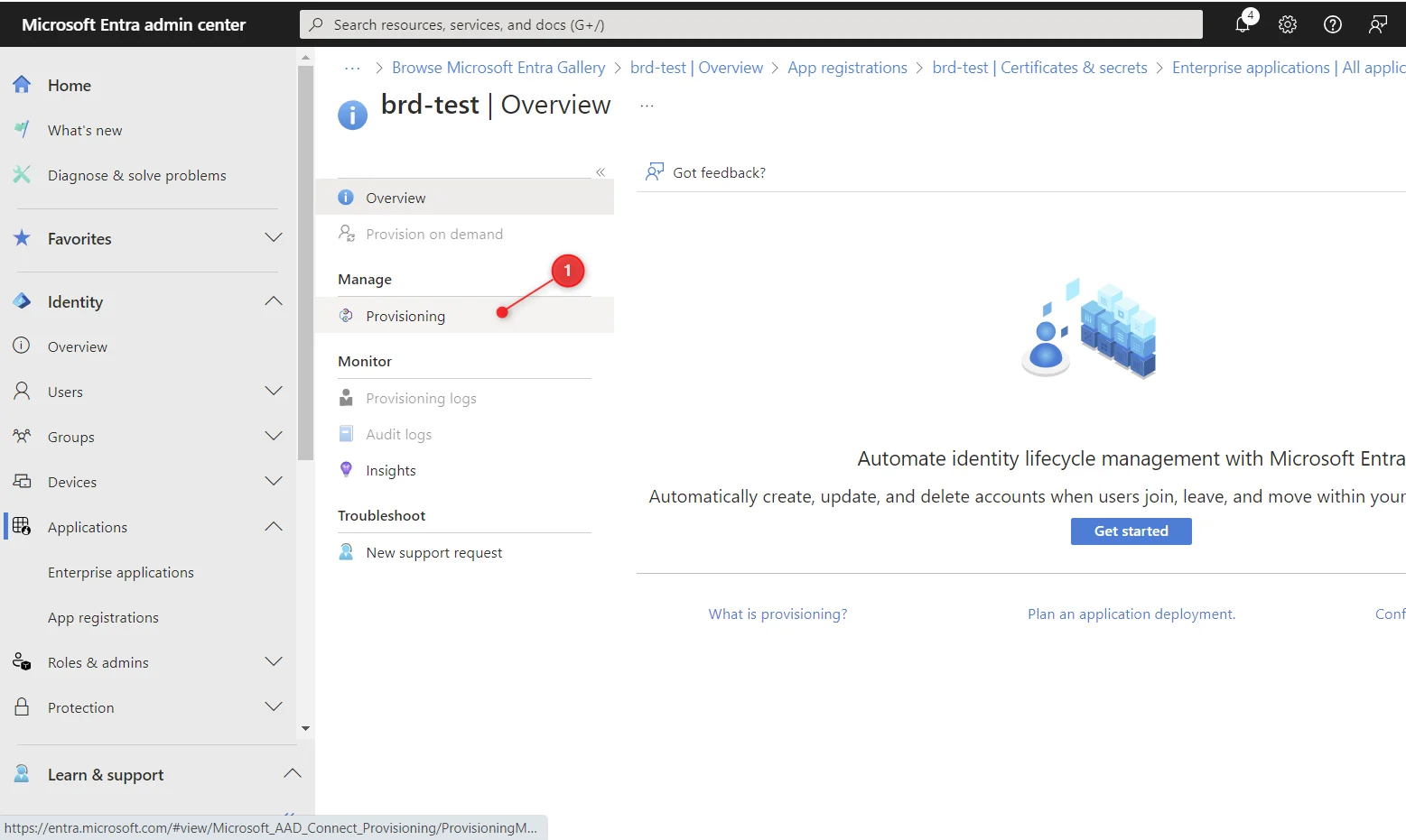 Entra Manage menu with Provisioning option highlighted