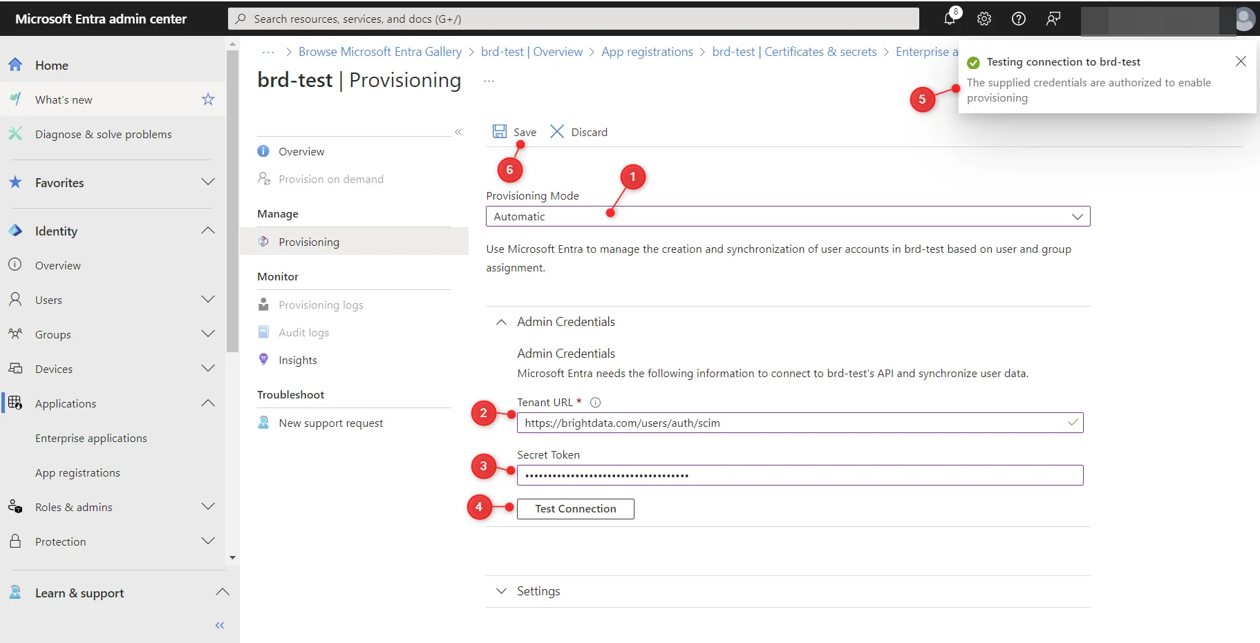 Entra Provisioning settings with Tenant URL and Secret Token fields filled in