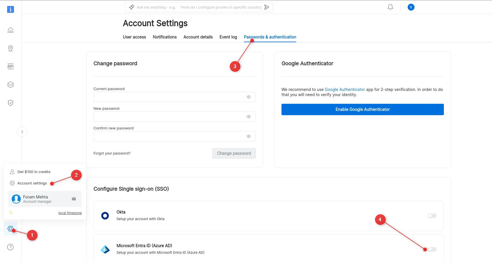 Bright Data Passwords and authentication settings with the Microsoft Entra ID toggle