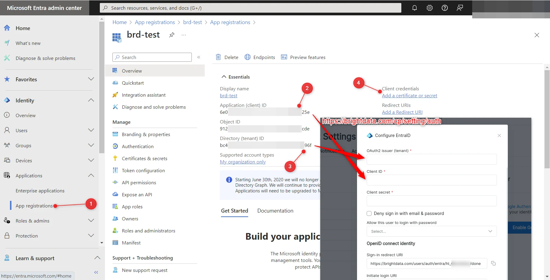 Entra App registrations overview showing Application client ID and Directory tenant ID
