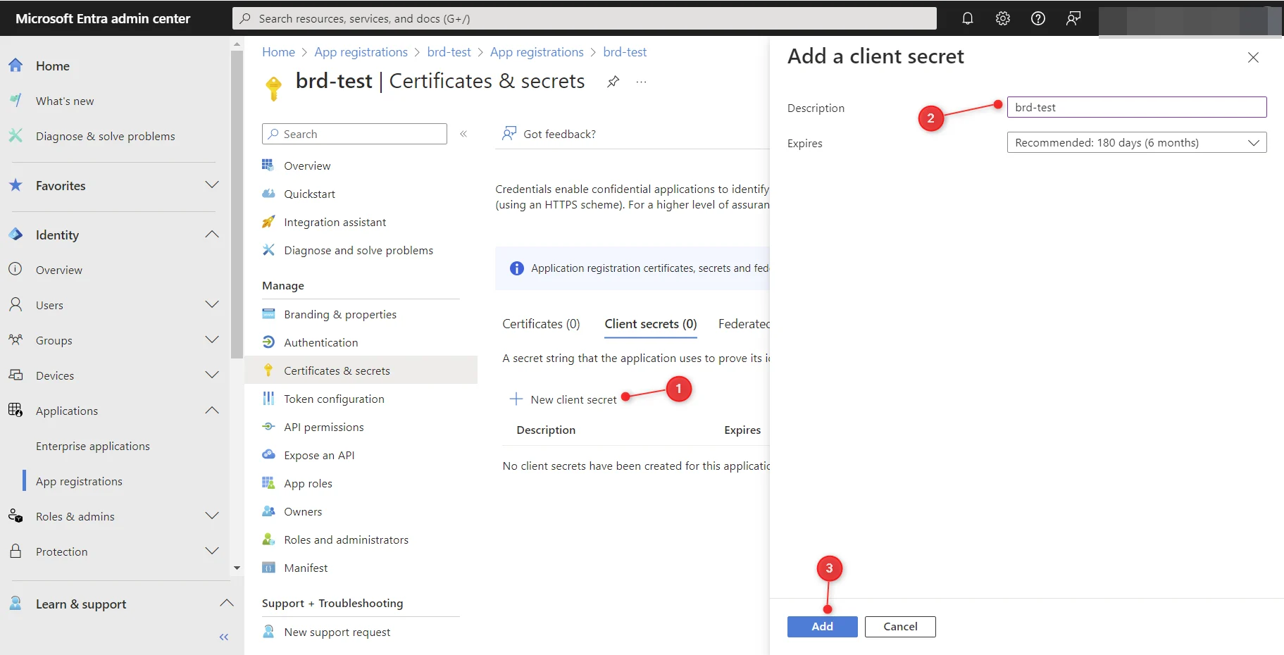Entra Add a client secret dialog with Description and Add button