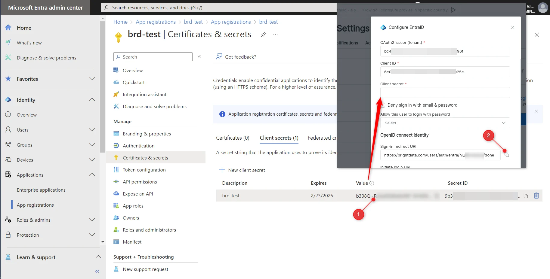 Bright Data Entra ID dialog with Sign-in redirect URI to copy