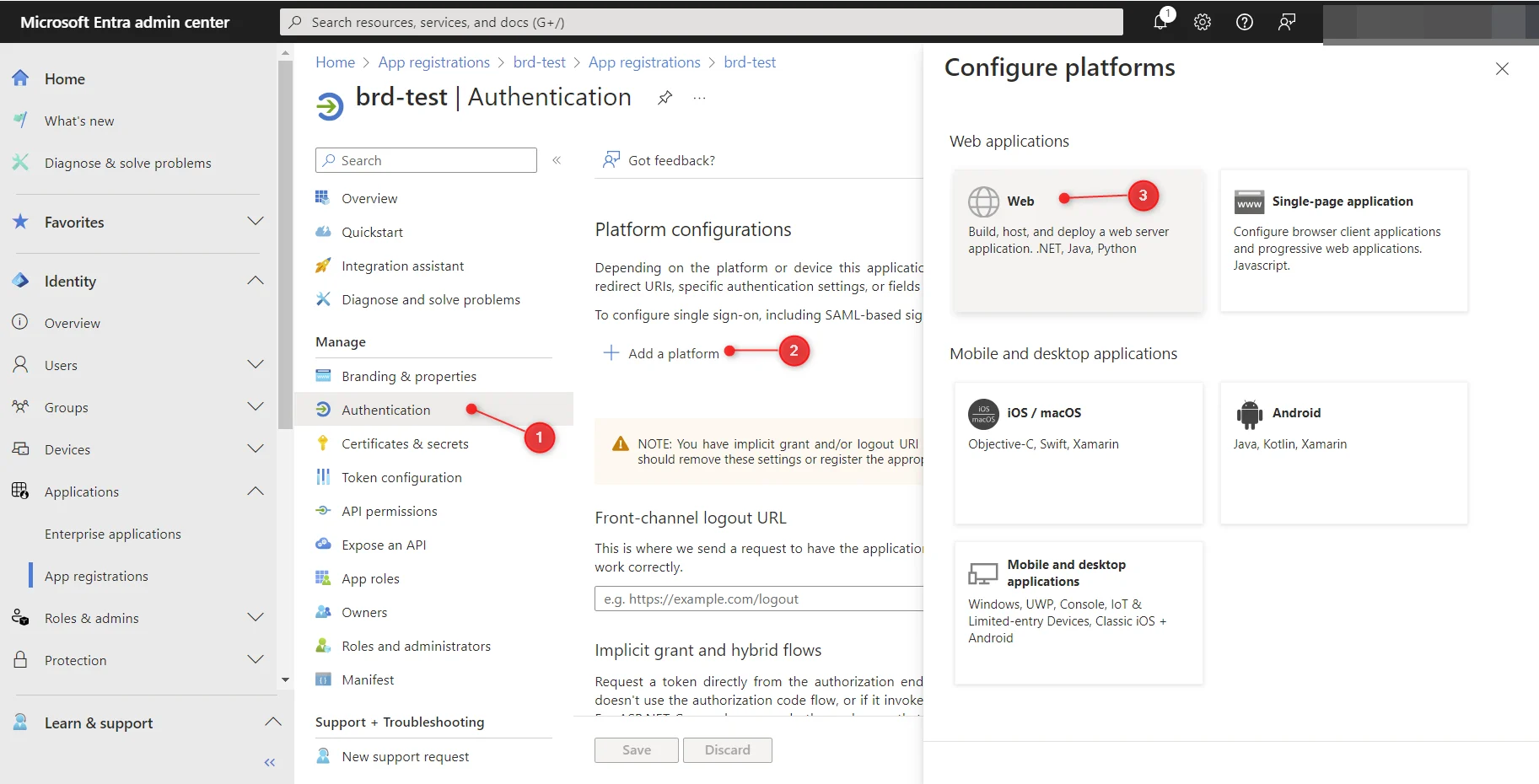 Entra Authentication screen with Add platform dialog and Web option