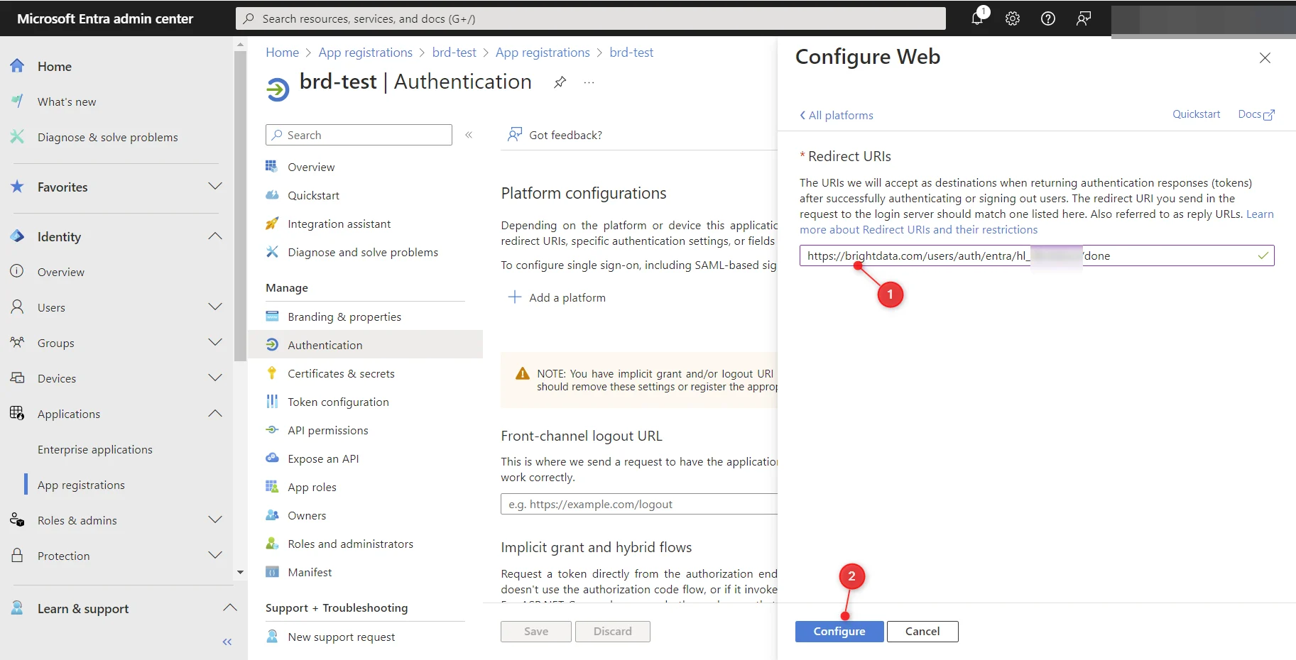 Entra Configure Web platform dialog with Sign-in redirect URI pasted in