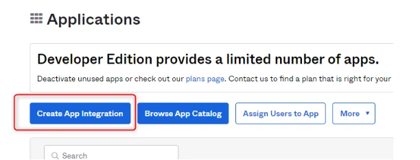 Okta admin dashboard with Create App Integration button highlighted
