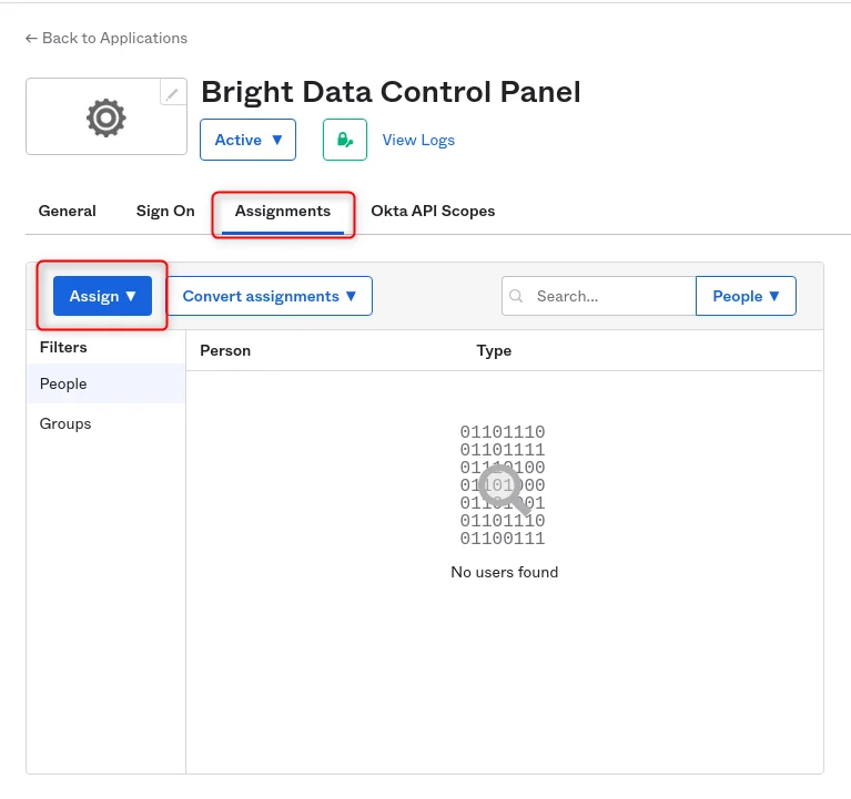 Okta Assignments tab listing users assigned to the Bright Data integration