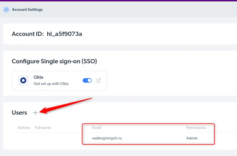 Bright Data Settings users page listing users that can sign in via Okta