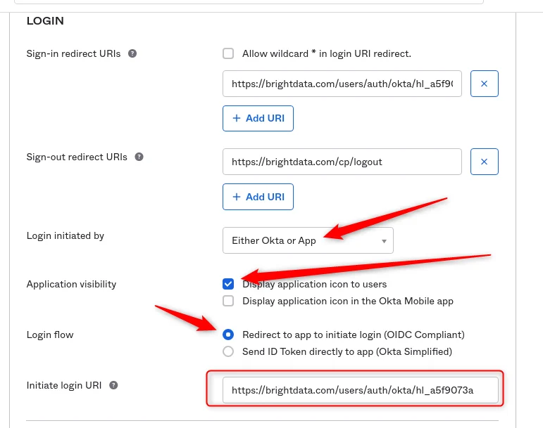 Bright Data Control Panel showing the Initiate login URI to paste into Okta General Settings