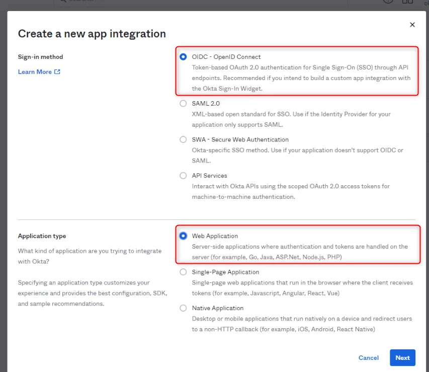 Okta Create new app integration dialog with OIDC and Web Application selected