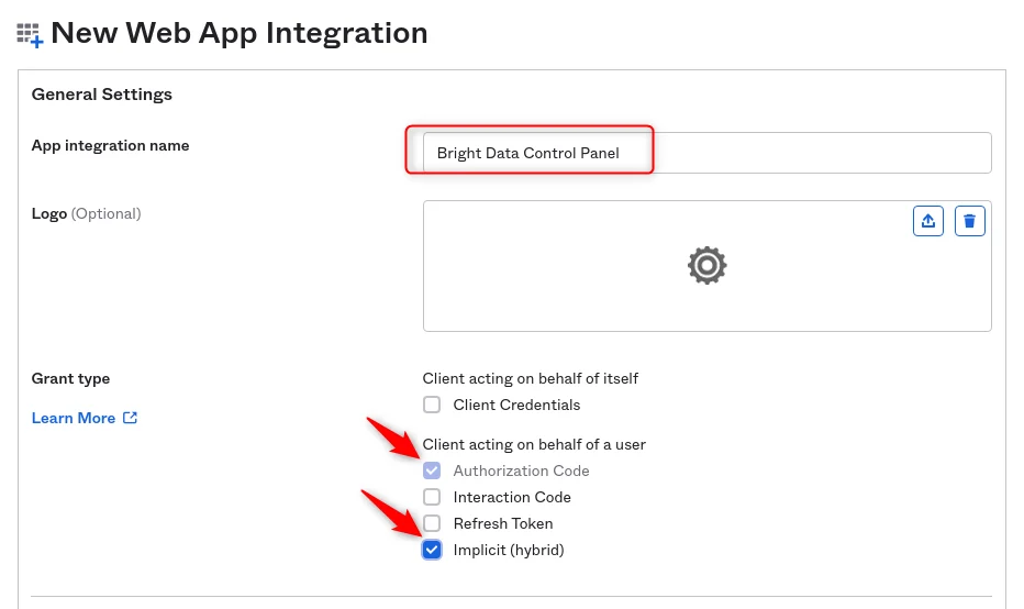 Okta web app grant type settings with Implicit and Authorization Code selected