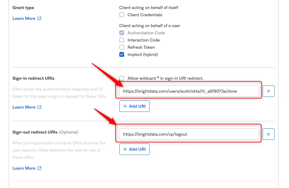 Okta app integration page with Sign-in redirect URI pasted in
