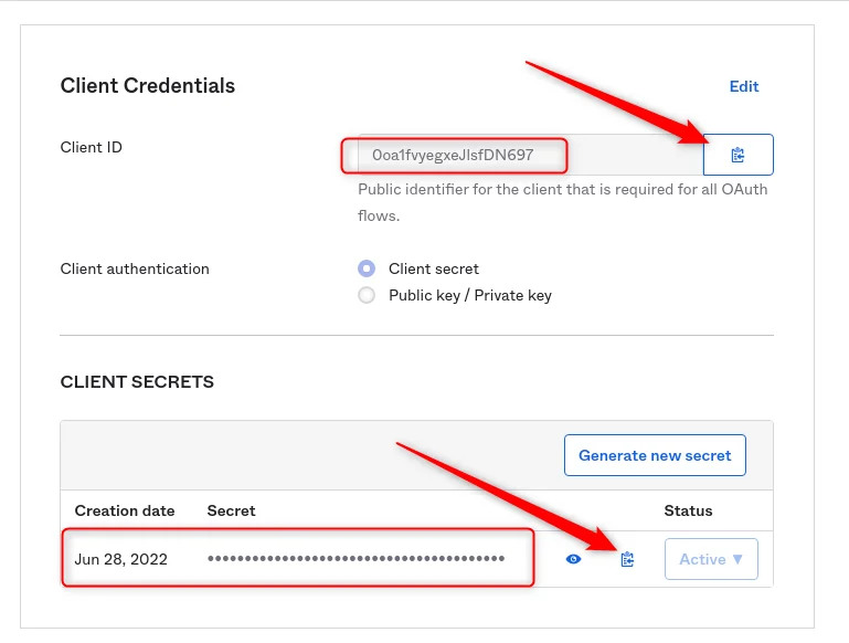 Okta app integration settings page showing Client ID, Client Secret, and Okta domain fields