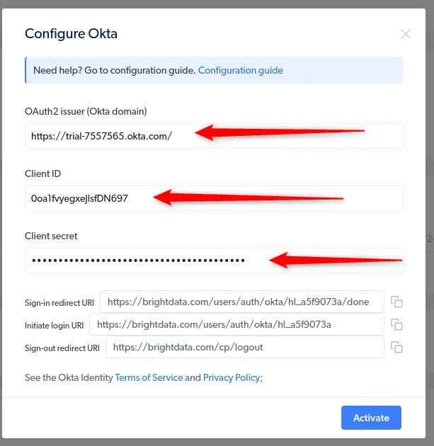 Bright Data Okta SSO dialog with Client ID, Client Secret, and Okta domain pasted in
