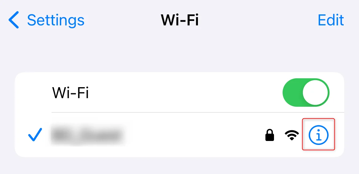 iOS Wi-Fi network details with the info icon to open network configuration