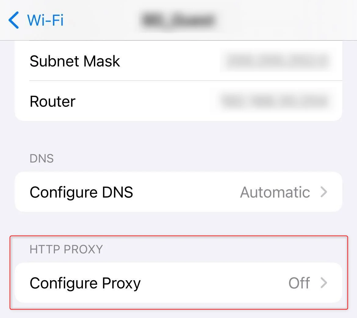 iOS Configure Proxy screen with Off, Automatic, and Manual options