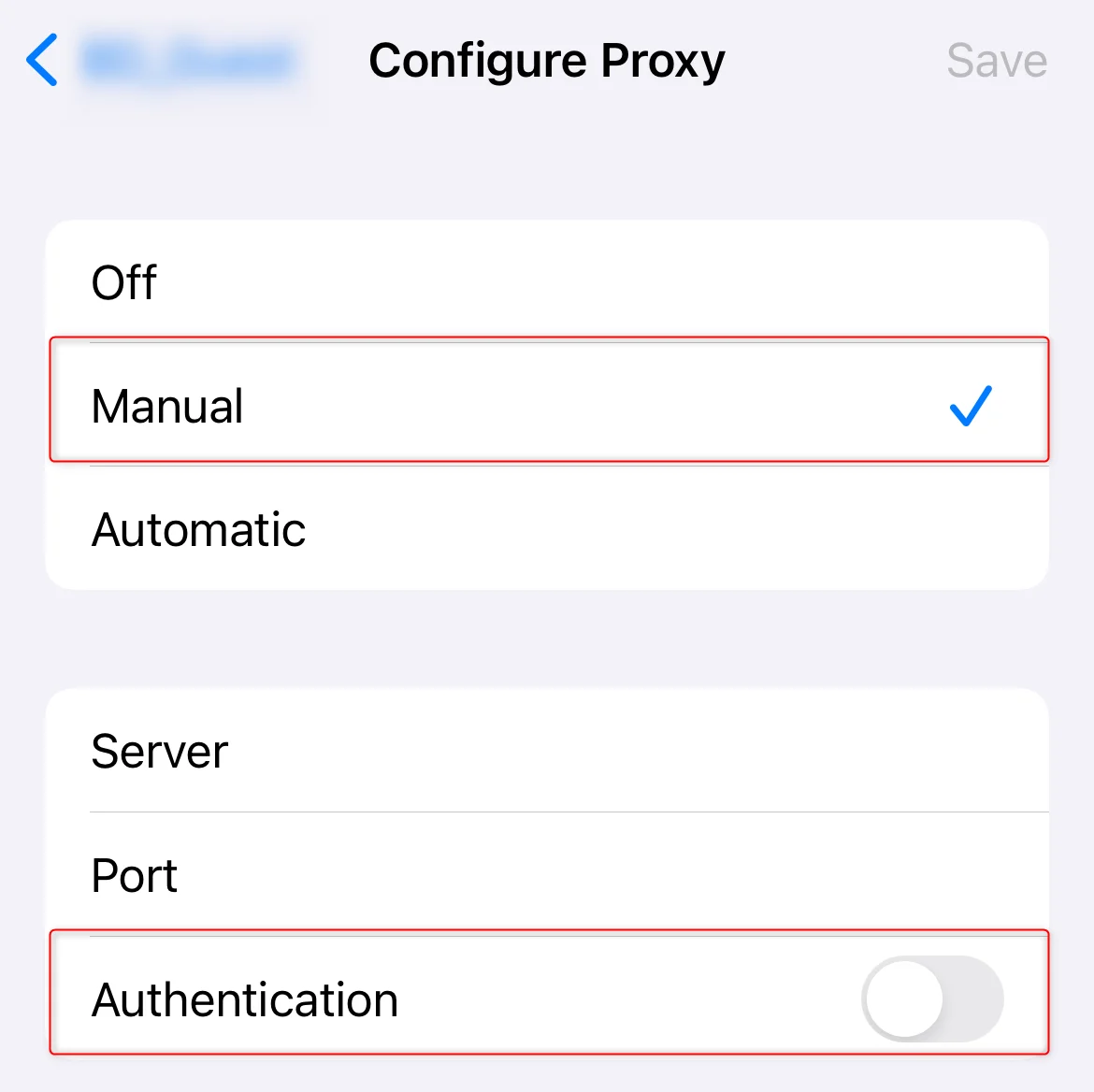 iOS Manual proxy configuration with Server, Port, Authentication toggle, Username, and Password fields