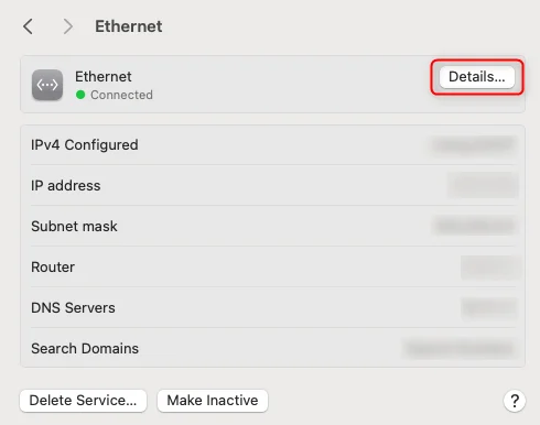 macOS Wi-Fi network details panel with Details button to open advanced options
