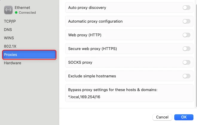 macOS Network advanced settings showing the Proxies tab
