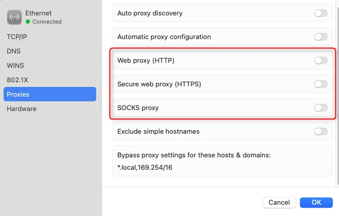 macOS Proxies tab with Web Proxy, Secure Web Proxy, and SOCKS Proxy options