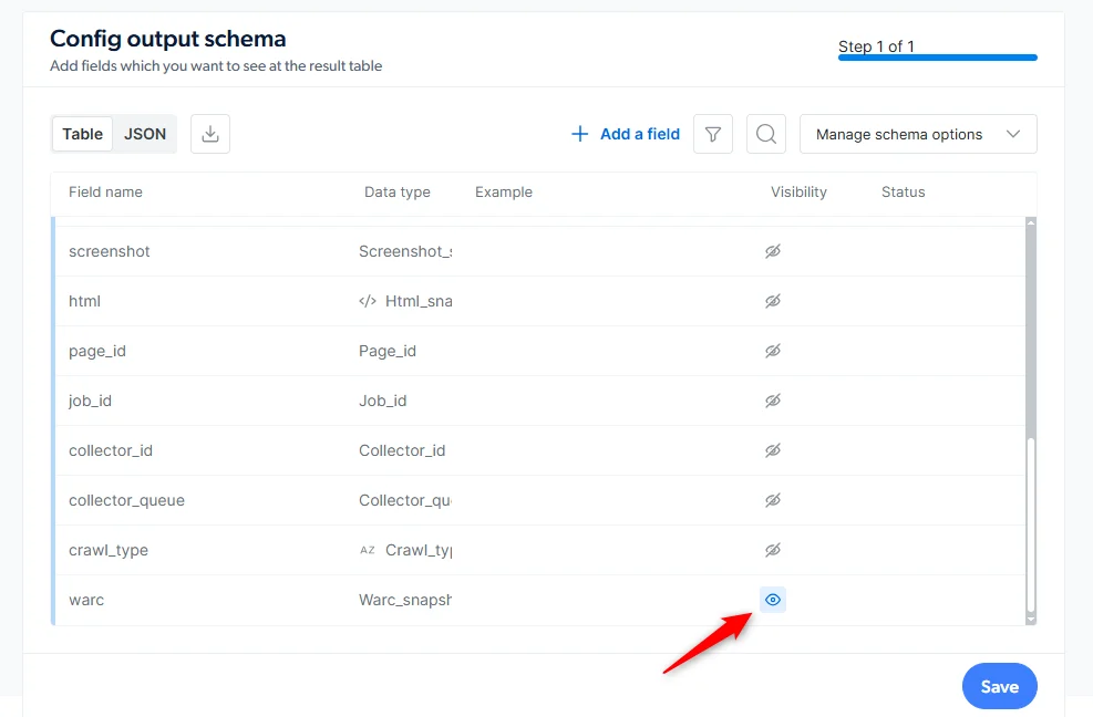 WARC snapshot toggle in the output schema panel