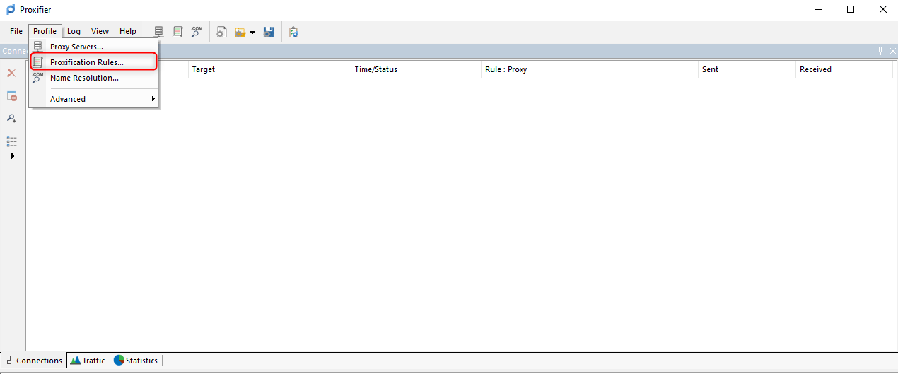 Proxifier Profile menu showing Proxification Rules option