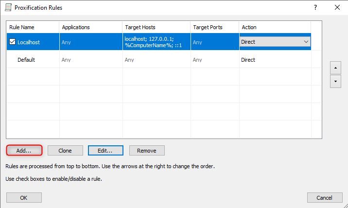 Proxifier Proxification Rules dialog with Add button to create a new rule