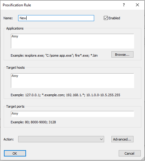 Proxifier rule configuration dialog showing the Name field